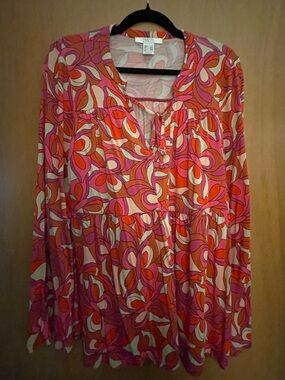 VENUS Pink Orange Swirl Print Long Sleeve Peasant Blouse